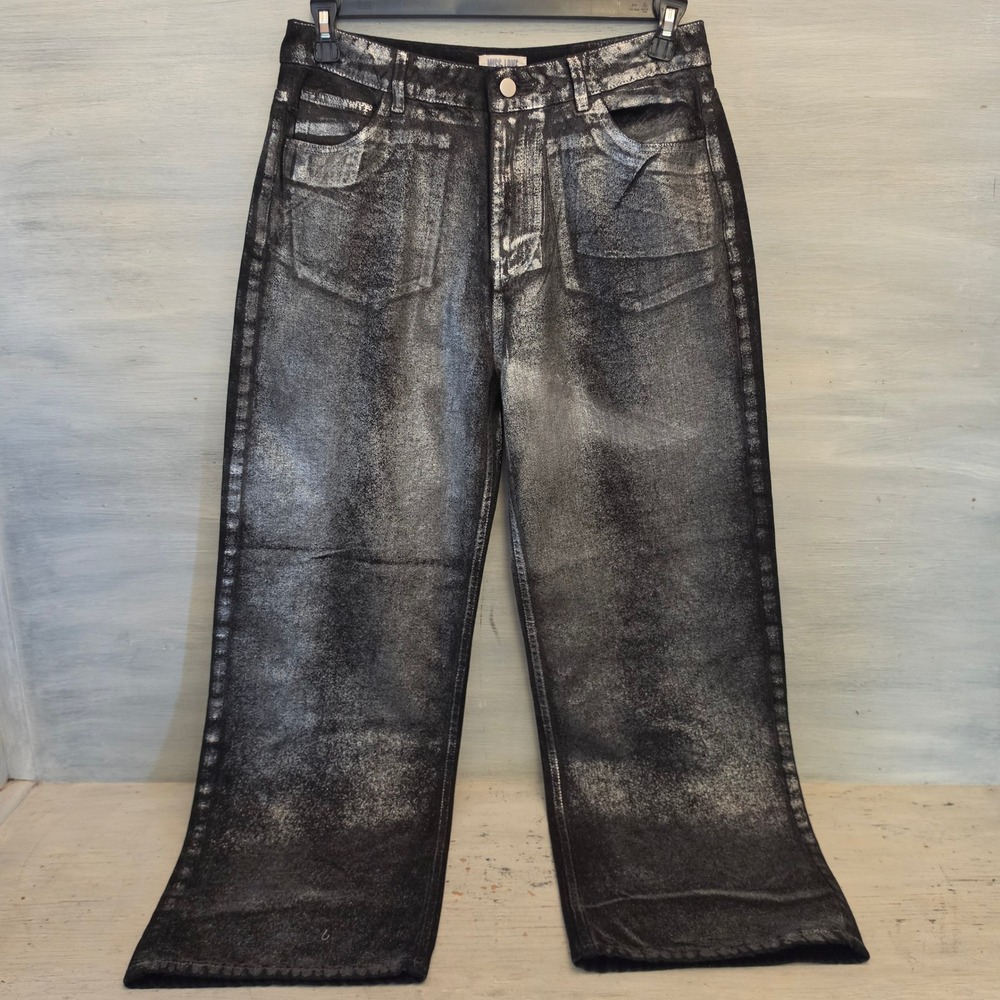 Miss Love 90% Cotton Black Silver‎ Reflective Shimmer Wide Leg Jeans Large GC